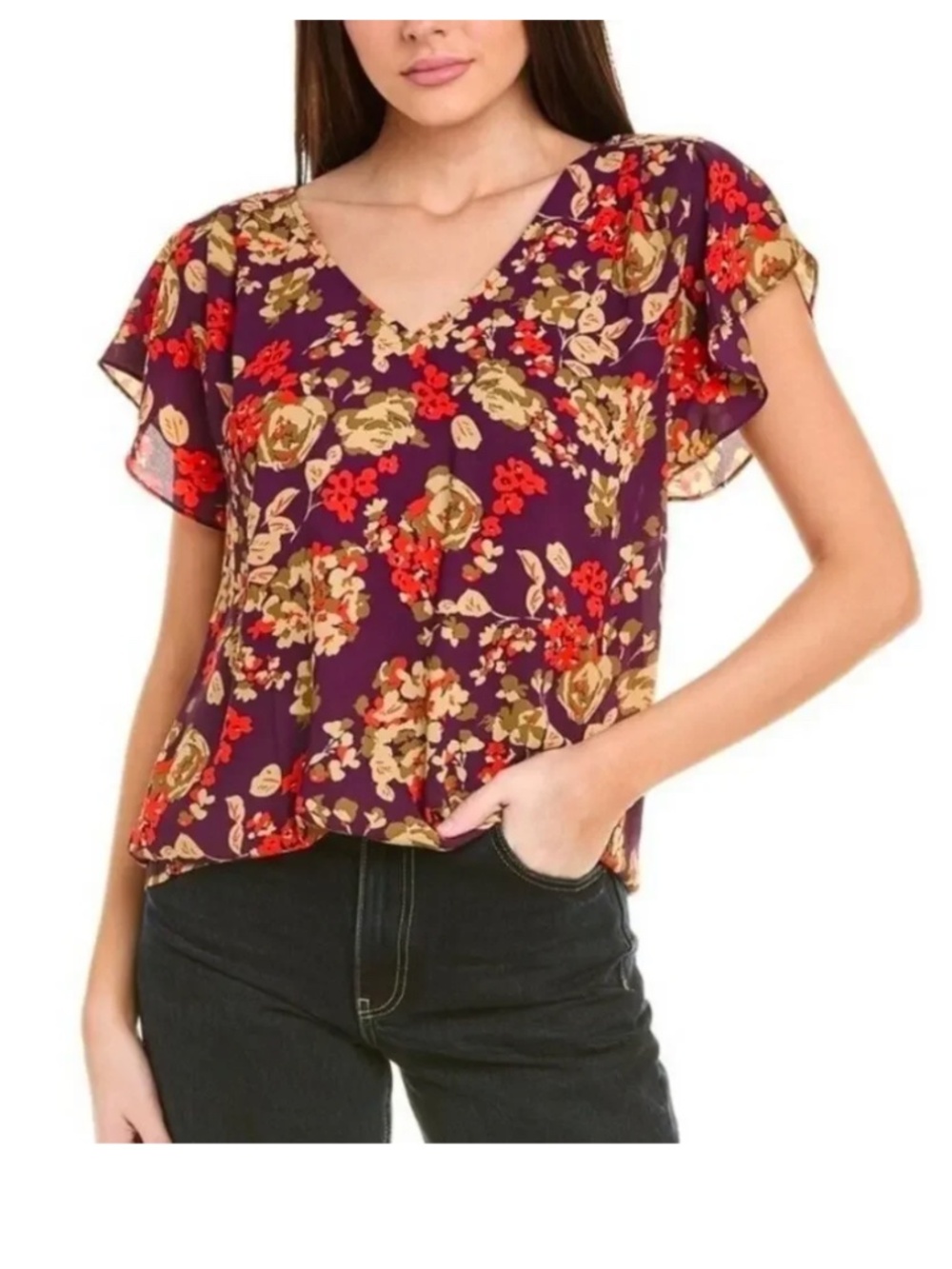 Cabi A La Mode Blouse #4169 Floral Flutter Sleeve Top Size Medium